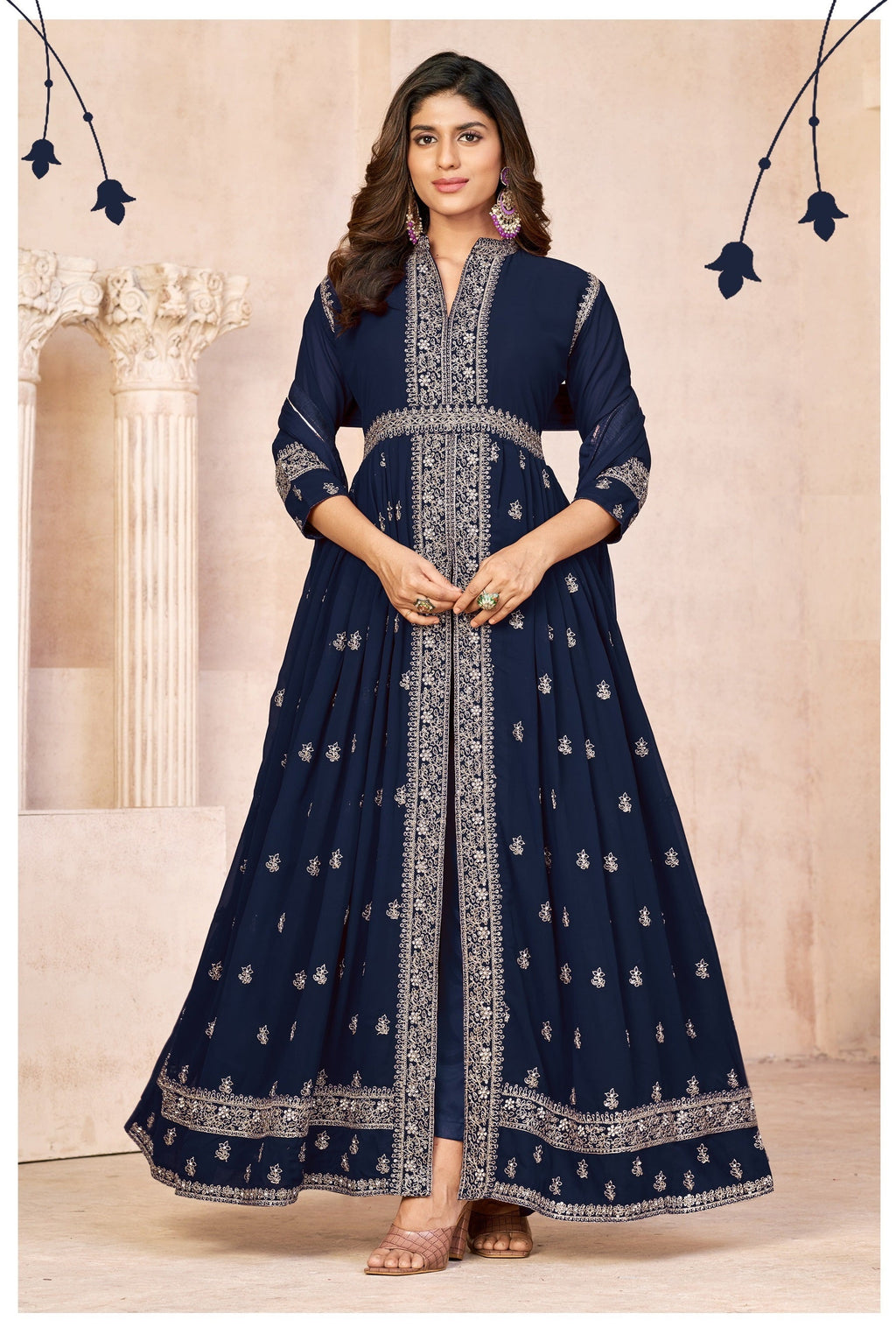 Anaita Navy Blue Embroidered Faux Georgette Anarkali Suit - Distacart