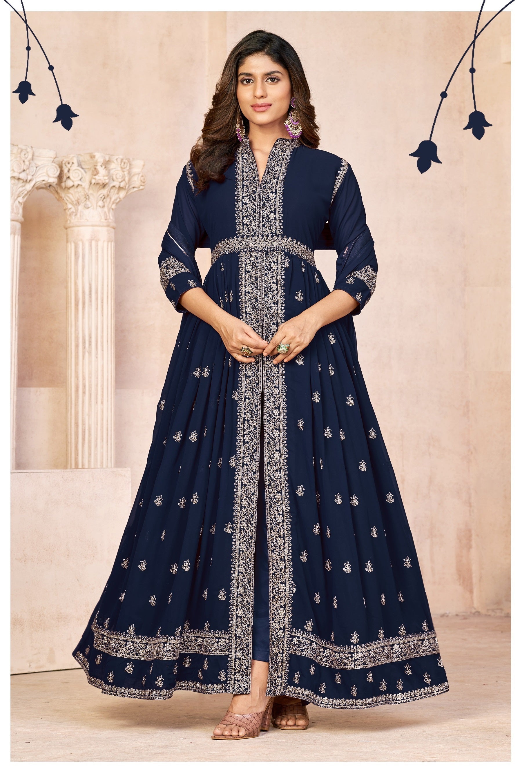 Anaita Navy Blue Embroidered Faux Georgette Anarkali Suit - Distacart