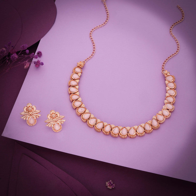 Tehzeeb Creationss Rose Gold Polish Baby Pink Colour Necklace With Pair Of Earrings