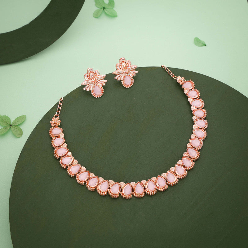 Tehzeeb Creationss Rose Gold Polish Baby Pink Colour Necklace With Pair Of Earrings