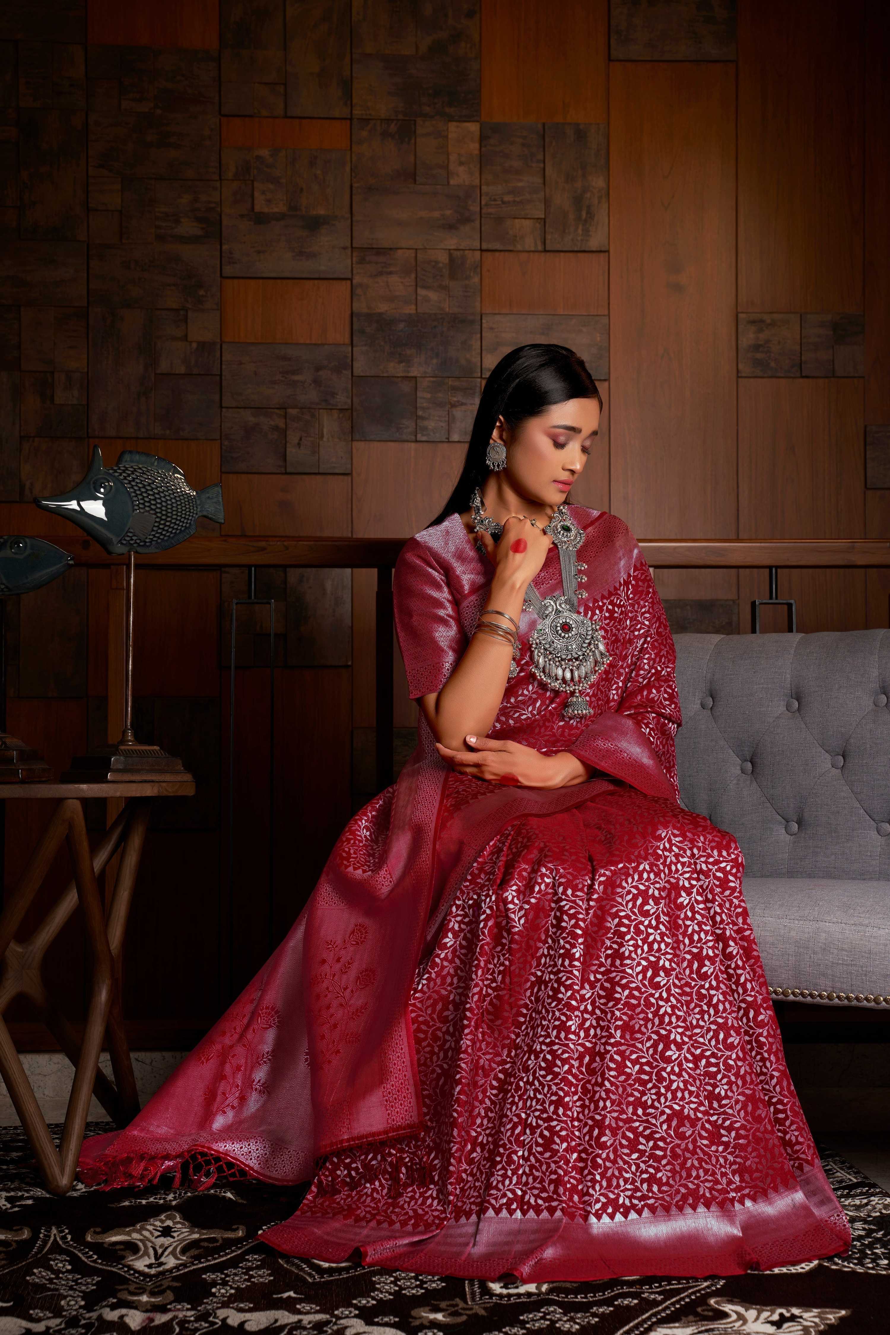 Vardha Merlot Red Silver Zari Kanjeevaram Silk Saree