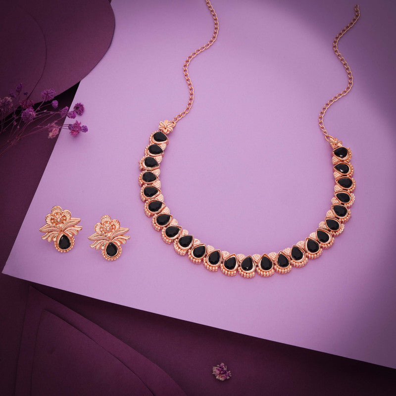 Tehzeeb Creationss Rose Gold Polish Black Colour Necklace With Pair Of Earrings