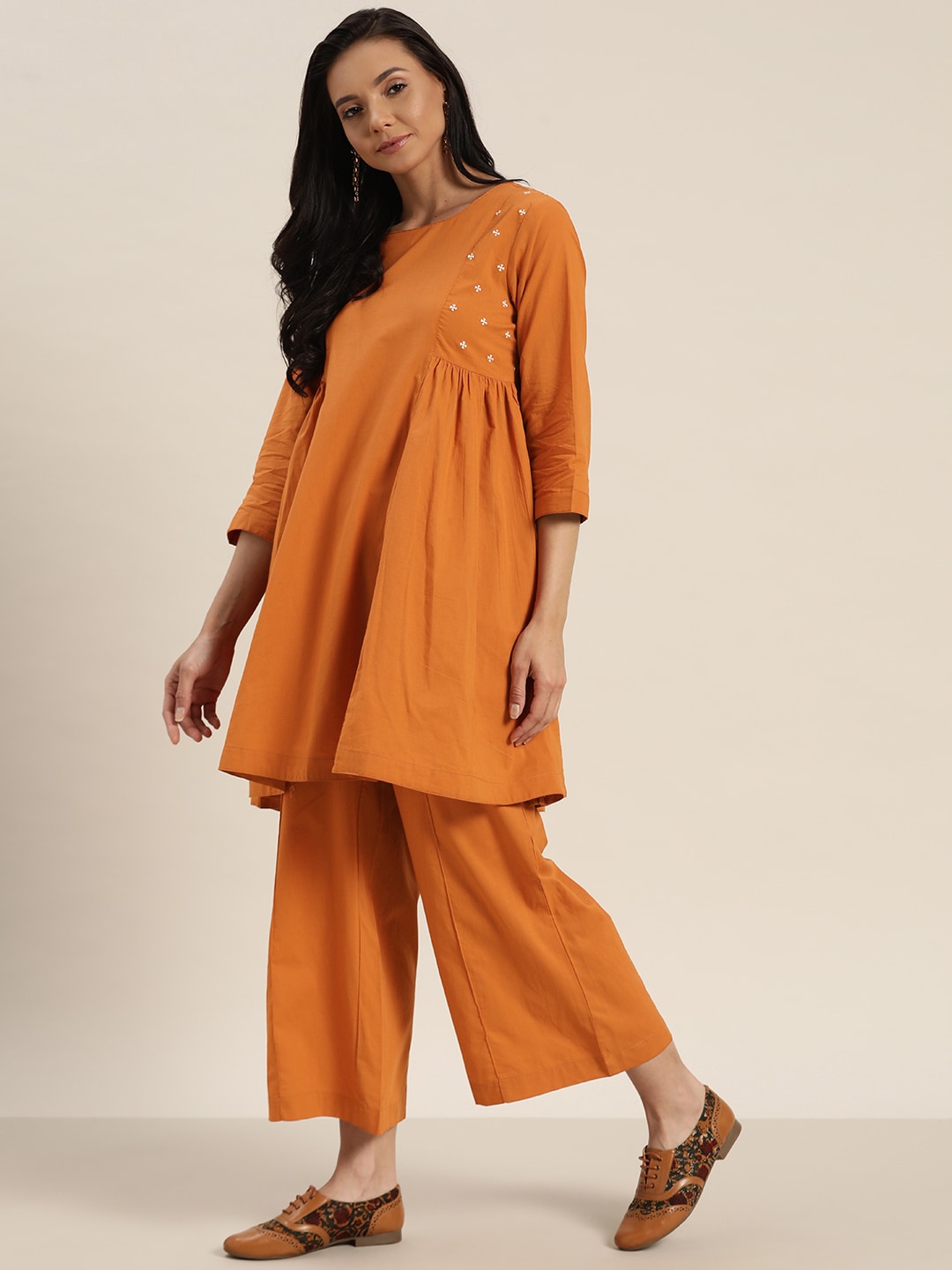 Sangria Women Rust Orange Solid Pure Cotton Kurta with Palazzos