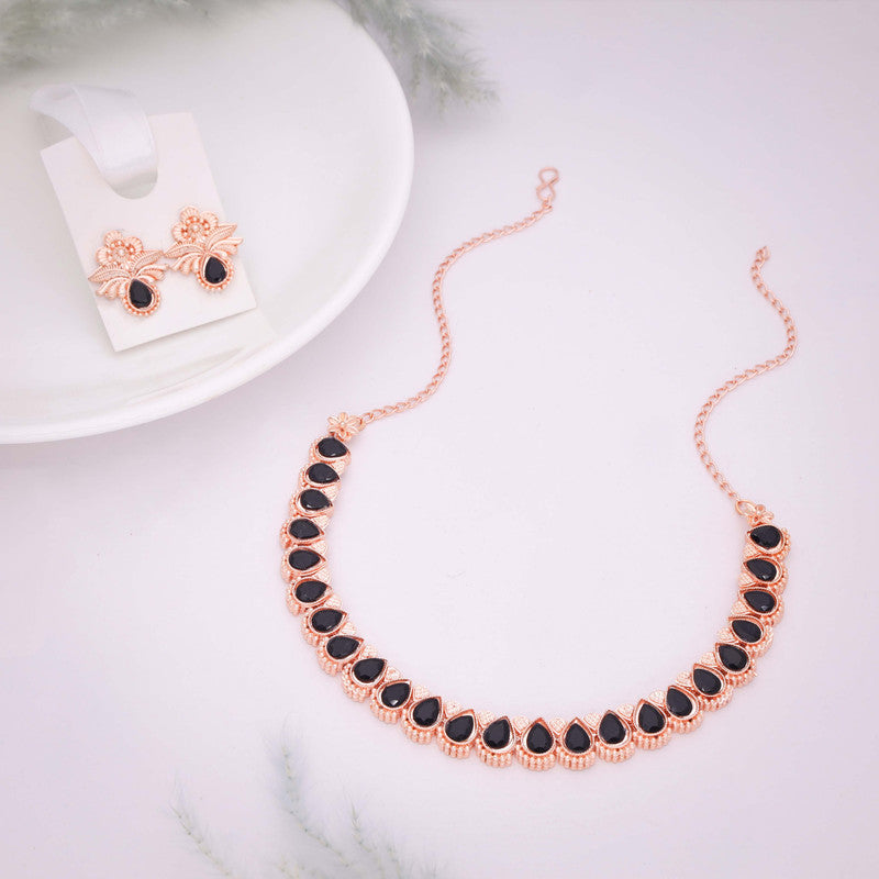 Tehzeeb Creationss Rose Gold Polish Black Colour Necklace With Pair Of Earrings