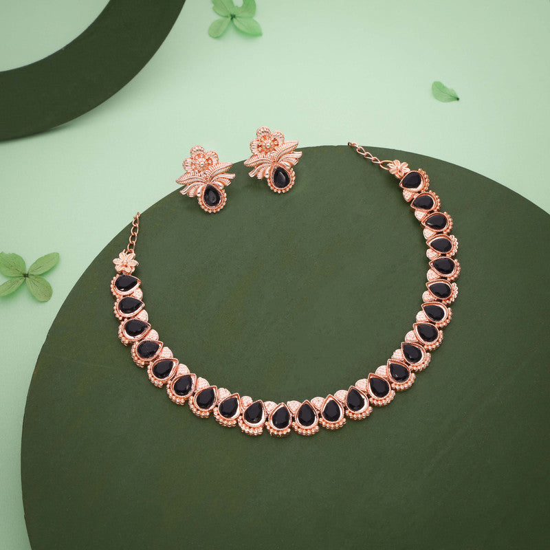 Tehzeeb Creationss Rose Gold Polish Black Colour Necklace With Pair Of Earrings