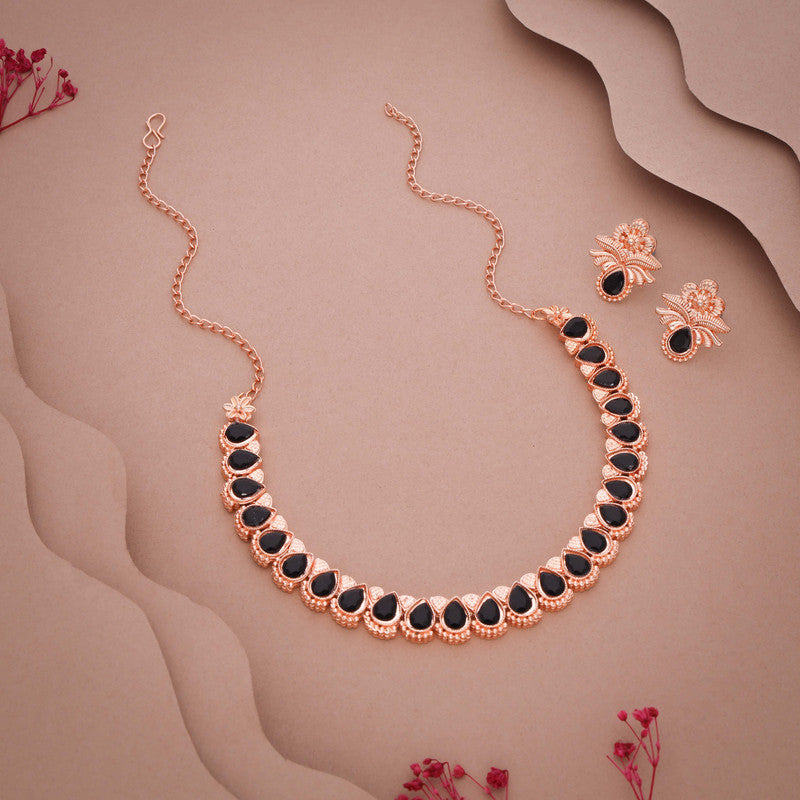 Tehzeeb Creationss Rose Gold Polish Black Colour Necklace With Pair Of Earrings