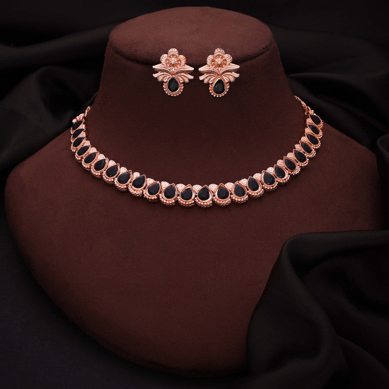 Tehzeeb Creationss Rose Gold Polish Black Colour Necklace With Pair Of Earrings