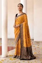 Joban Fashion Yellow Crepe Chiffon Pure Handloom Banarasi Silk Saree