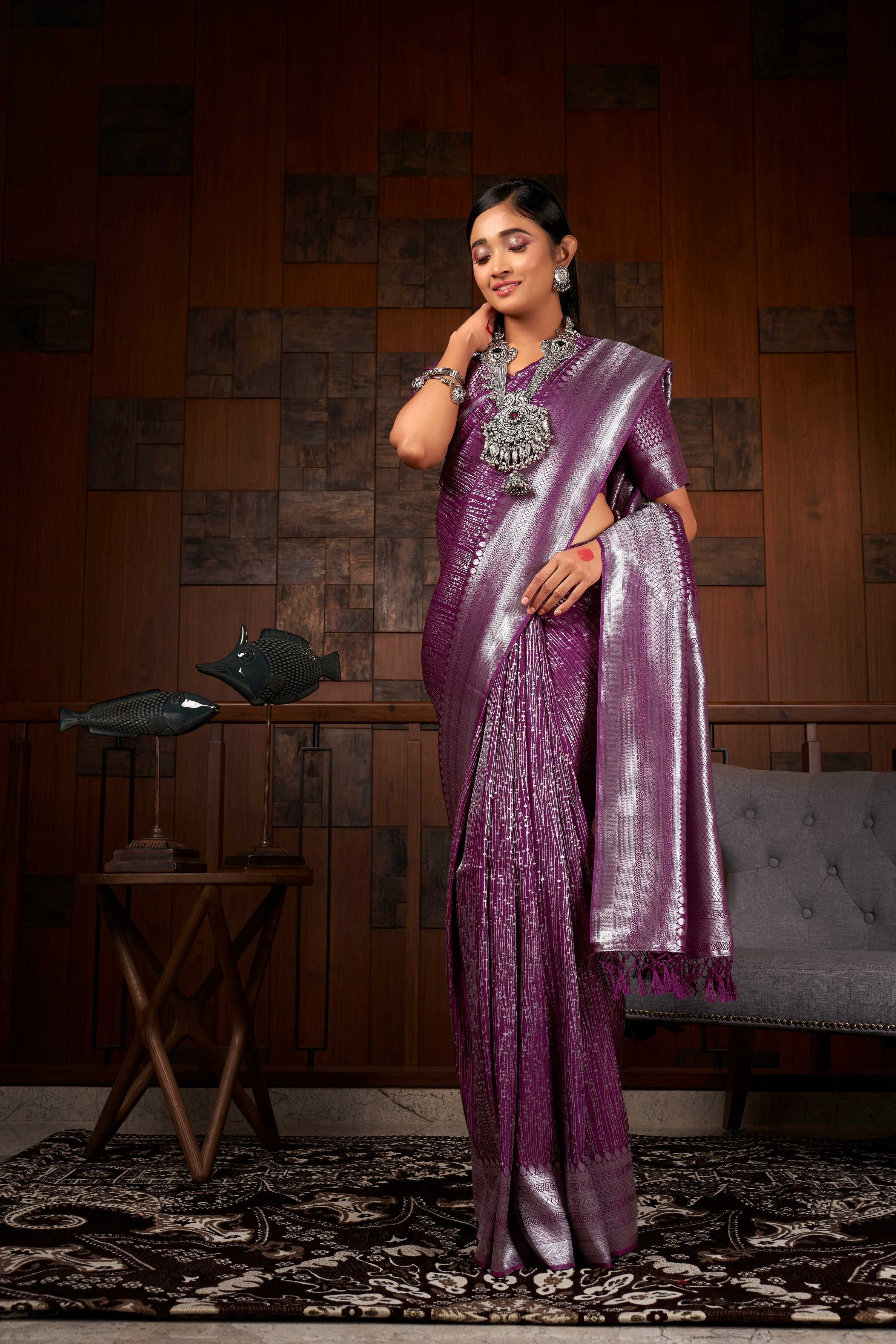 Vardha Plum Purple Silver Zari Kanjeevaram Silk Saree