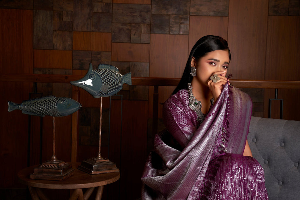 Vardha Plum Purple Silver Zari Kanjeevaram Silk Saree
