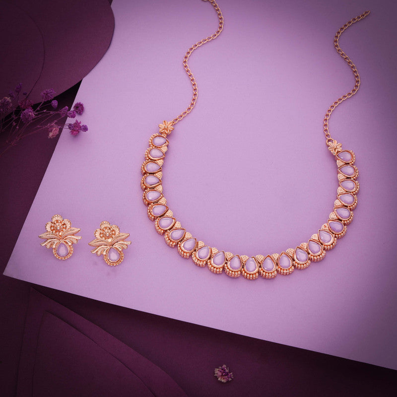 Tehzeeb Creationss Rose Gold Polish Lavender Colour Necklace With Pair Of Earrings