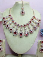Jewel City Rose Gold-Plated Necklace Set with Earrings & Maang Tikka for Women – Sparkling Bridal Party Jewelry