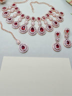 Jewel City Rose Gold-Plated Necklace Set with Earrings & Maang Tikka for Women – Sparkling Bridal Party Jewelry