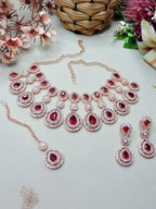 Jewel City Rose Gold-Plated Necklace Set with Earrings & Maang Tikka for Women – Sparkling Bridal Party Jewelry