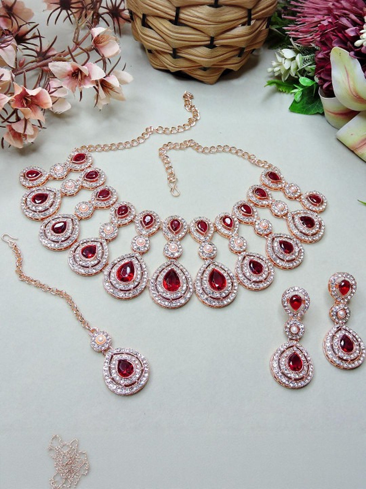Jewel City Rose Gold-Plated Necklace Set with Earrings & Maang Tikka for Women – Sparkling Bridal Party Jewelry