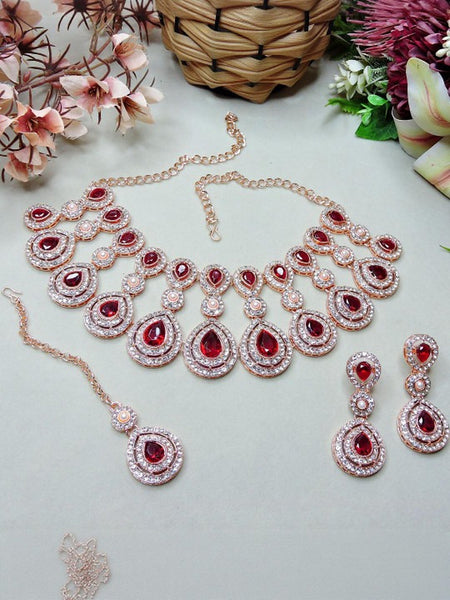 Jewel City Rose Gold-Plated Necklace Set with Earrings & Maang Tikka for Women – Sparkling Bridal Party Jewelry