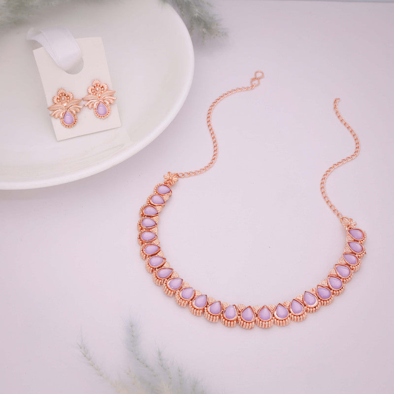 Tehzeeb Creationss Rose Gold Polish Lavender Colour Necklace With Pair Of Earrings