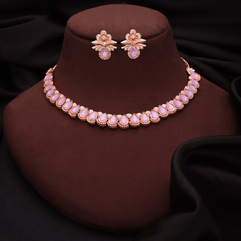 Tehzeeb Creationss Rose Gold Polish Lavender Colour Necklace With Pair Of Earrings