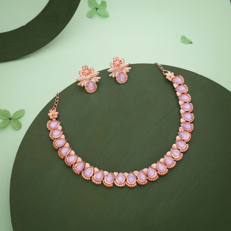 Tehzeeb Creationss Rose Gold Polish Lavender Colour Necklace With Pair Of Earrings