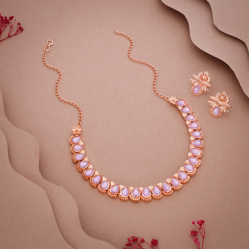Tehzeeb Creationss Rose Gold Polish Lavender Colour Necklace With Pair Of Earrings