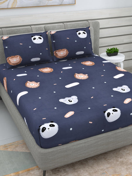 DREAM WEAVERZ Navy Blue & White Conversational Glazed Cotton 220 TC King Bedsheet with 2 Pillow Covers