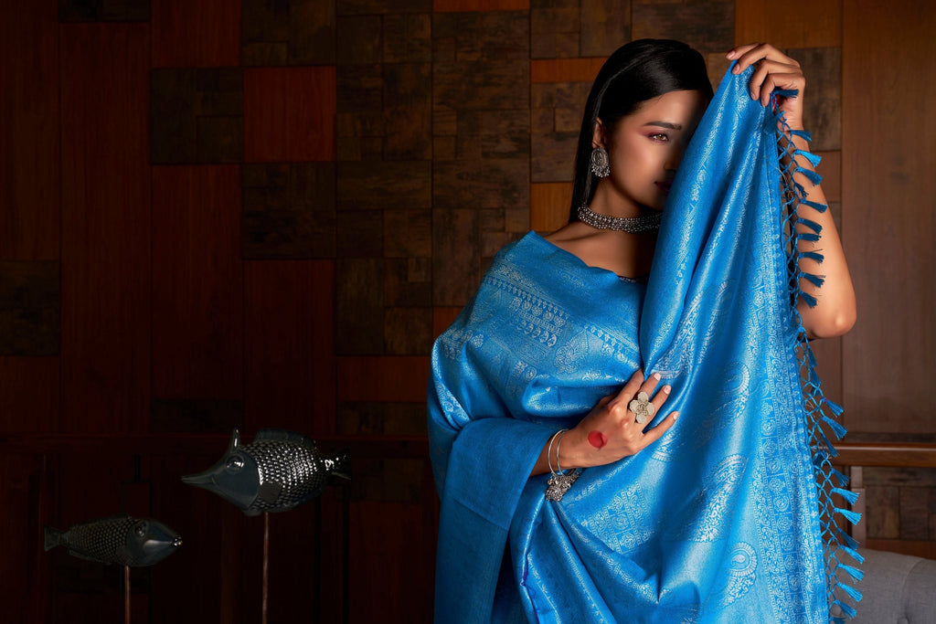 Vardha Azure Blue Silver Zari Kanjeevaram Silk Saree