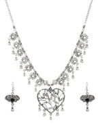 Cardinal Women Silver-Toned Oxidised Stone Studded & Beaded Heart Shaped Jewellery Set - Distacart