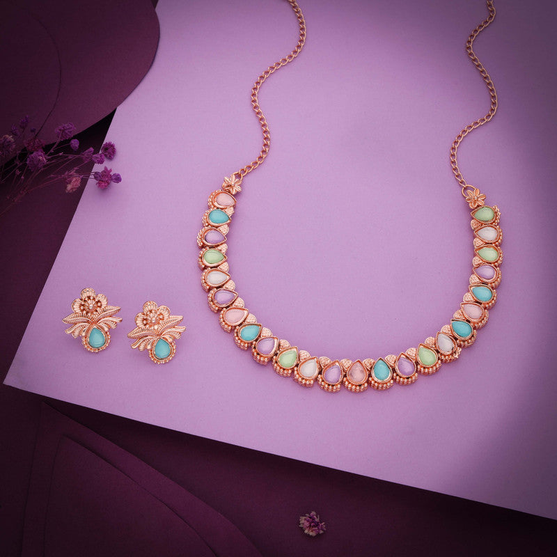 Tehzeeb Creationss Rose Gold Polish Multi Colour Necklace With Pair Of Earrings