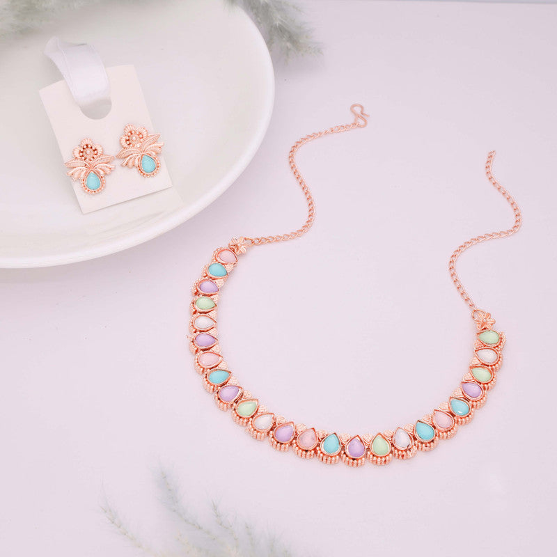 Tehzeeb Creationss Rose Gold Polish Multi Colour Necklace With Pair Of Earrings
