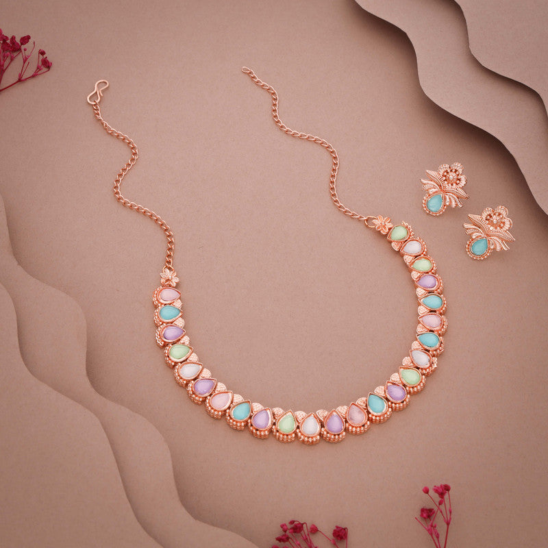 Tehzeeb Creationss Rose Gold Polish Multi Colour Necklace With Pair Of Earrings