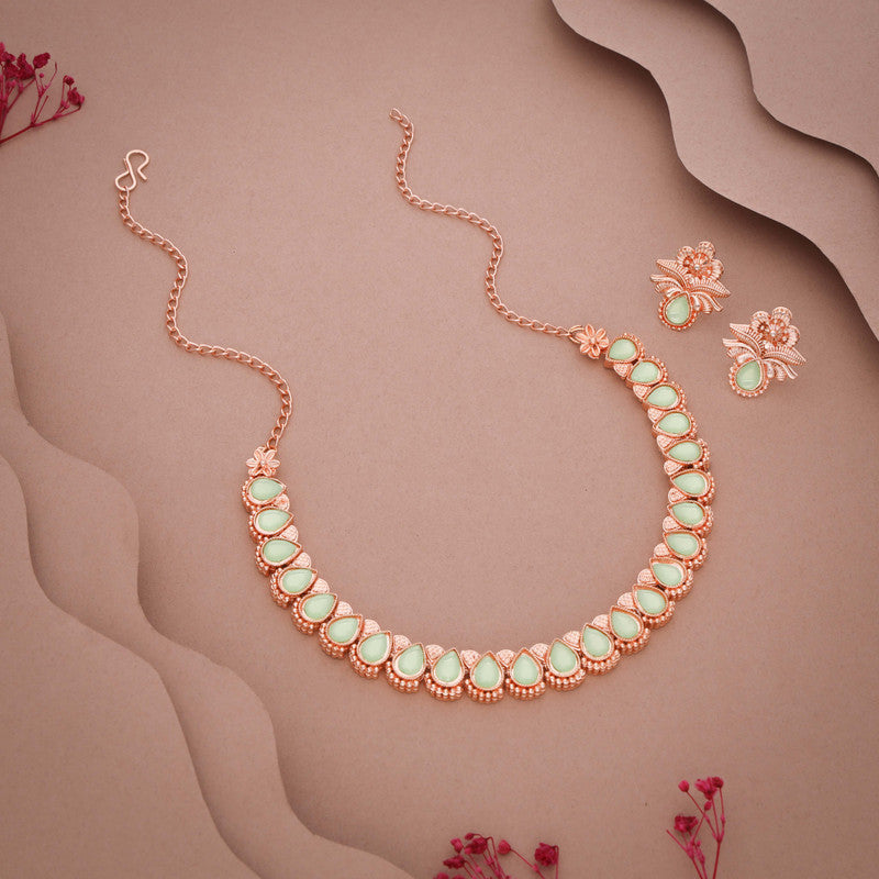 Tehzeeb Creationss Rose Gold Polish Sea Green Colour Necklace With Pair Of Earrings