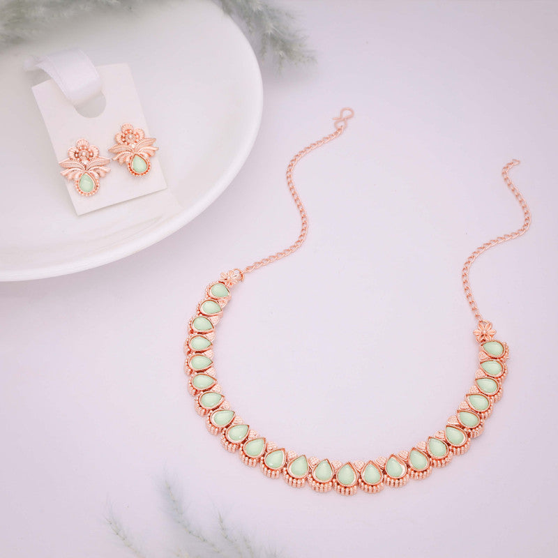 Tehzeeb Creationss Rose Gold Polish Sea Green Colour Necklace With Pair Of Earrings