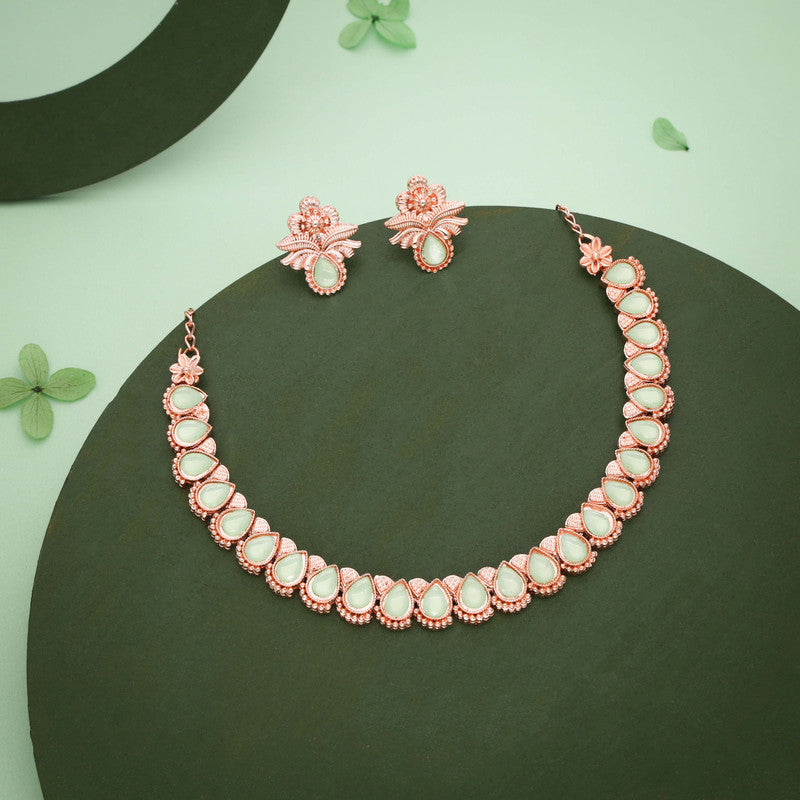 Tehzeeb Creationss Rose Gold Polish Sea Green Colour Necklace With Pair Of Earrings