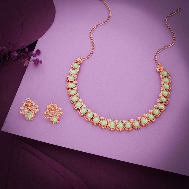 Tehzeeb Creationss Rose Gold Polish Sea Green Colour Necklace With Pair Of Earrings