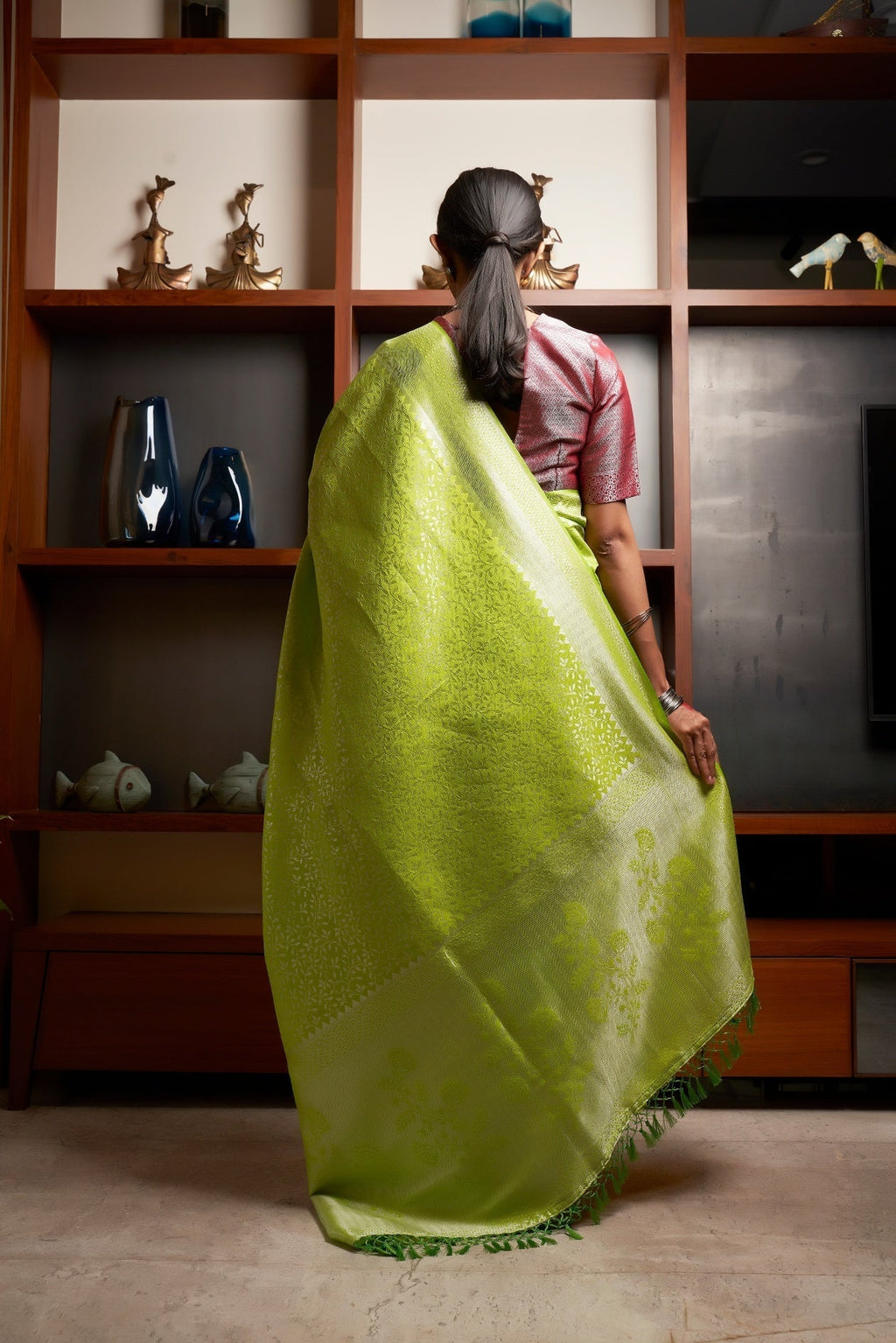 Vardha Chartreuse Green Silver Zari Kanjeevaram Silk Saree