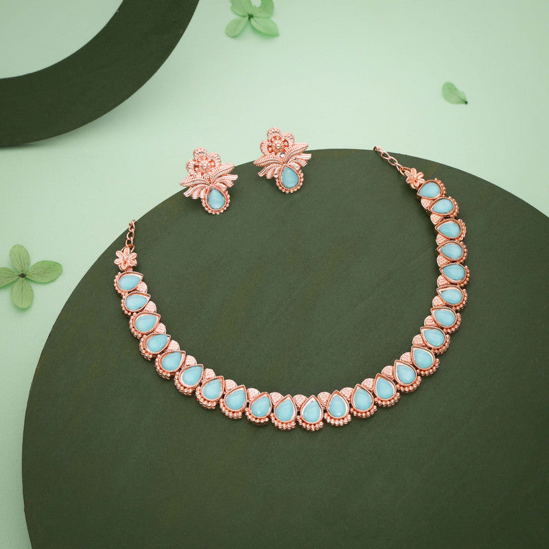 Tehzeeb Creationss Rose Gold Polish Sky Blue Colour Necklace With Pair Of Earrings