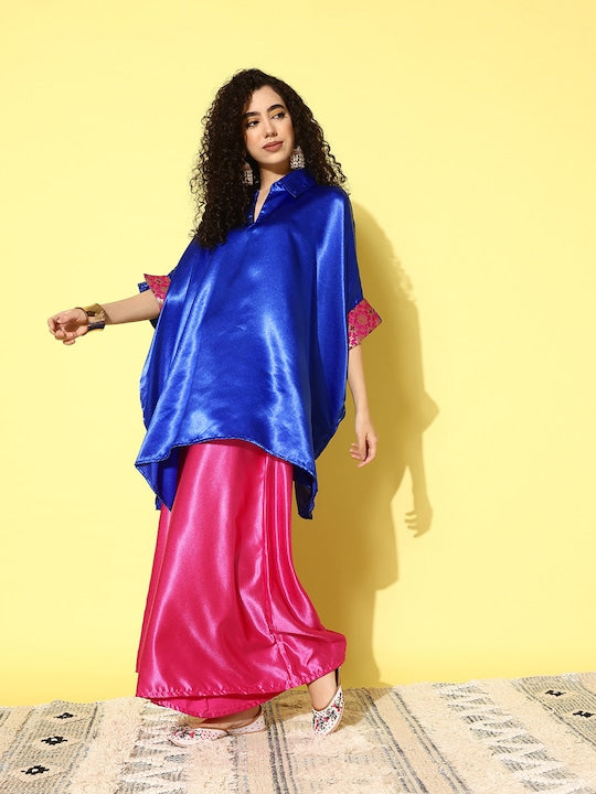InWeave Women's Blue Pink Brocade Satin Boho Kurta Pink Palazzo Set