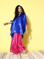 InWeave Women's Blue Pink Brocade Satin Boho Kurta Pink Palazzo Set