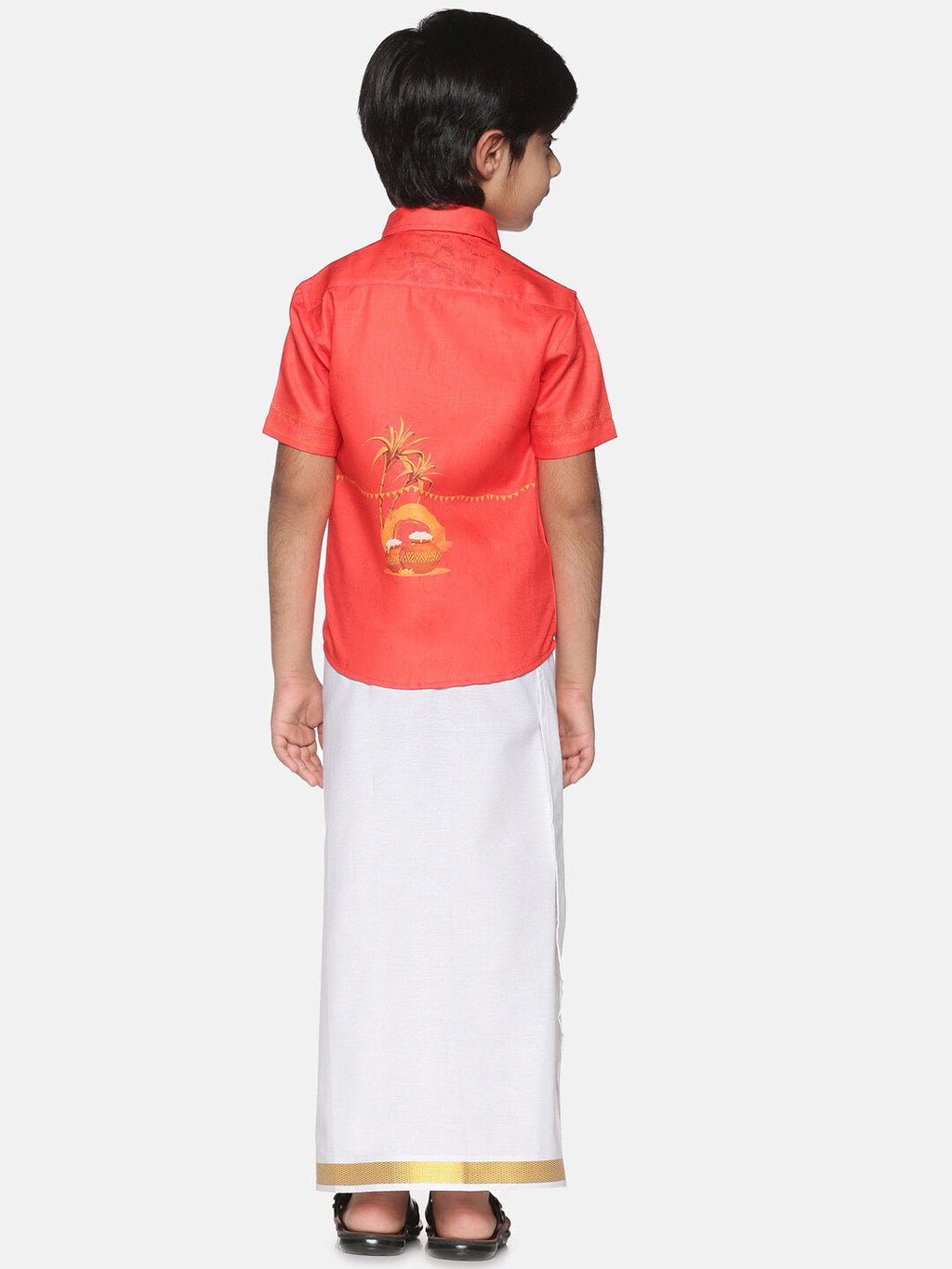 Sethukrishna Boys Red & White Printed Shirt with Dhoti