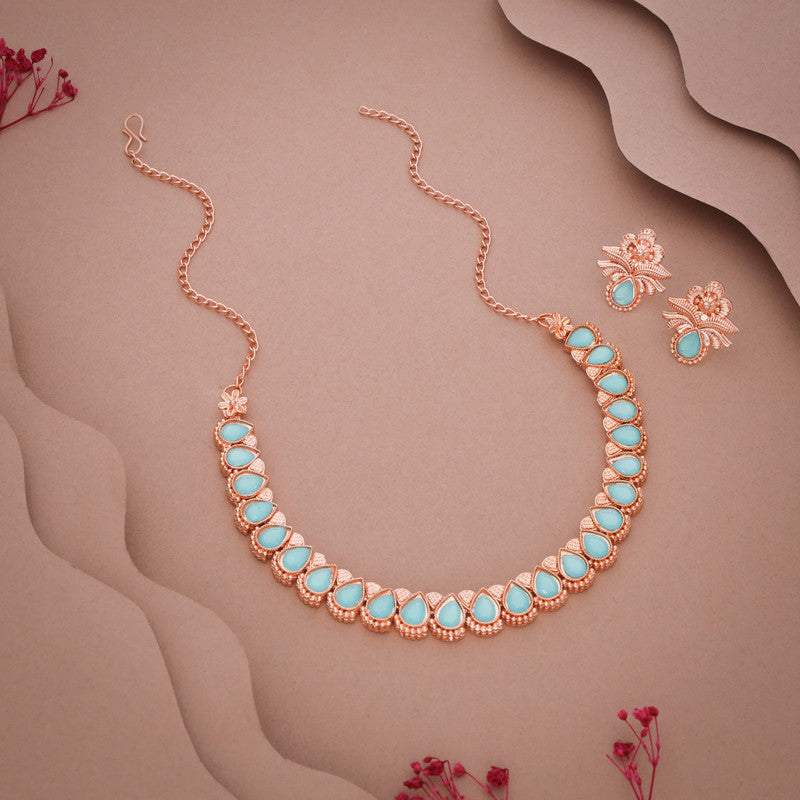 Tehzeeb Creationss Rose Gold Polish Sky Blue Colour Necklace With Pair Of Earrings