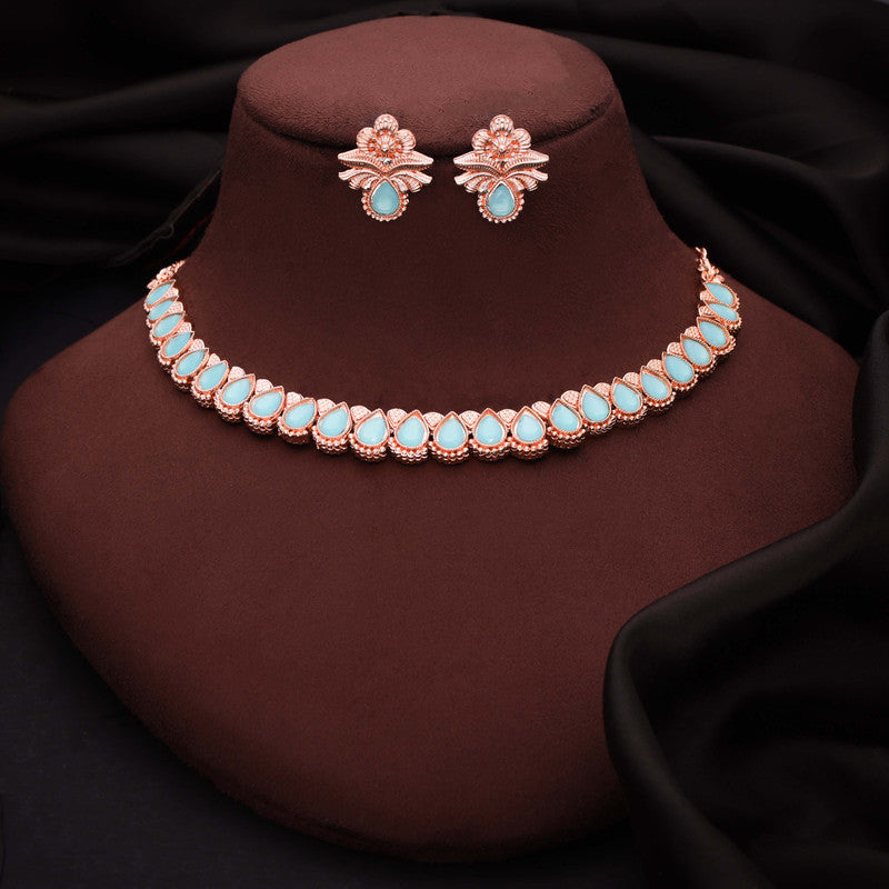 Tehzeeb Creationss Rose Gold Polish Sky Blue Colour Necklace With Pair Of Earrings