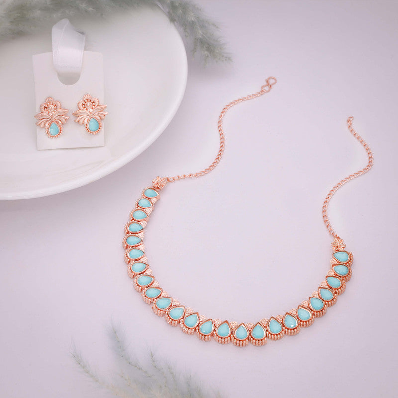 Tehzeeb Creationss Rose Gold Polish Sky Blue Colour Necklace With Pair Of Earrings