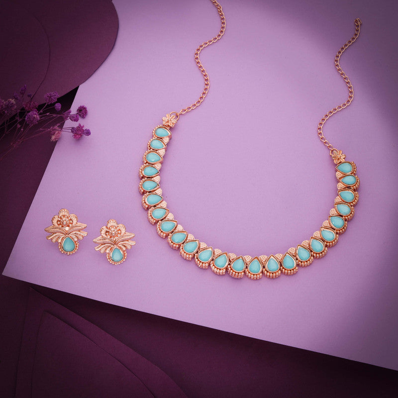 Tehzeeb Creationss Rose Gold Polish Sky Blue Colour Necklace With Pair Of Earrings