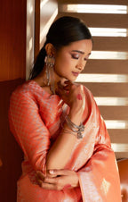 Vardha Peach Orange Silver Zari Kanjeevaram Silk Saree
