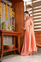 Vardha Peach Orange Silver Zari Kanjeevaram Silk Saree