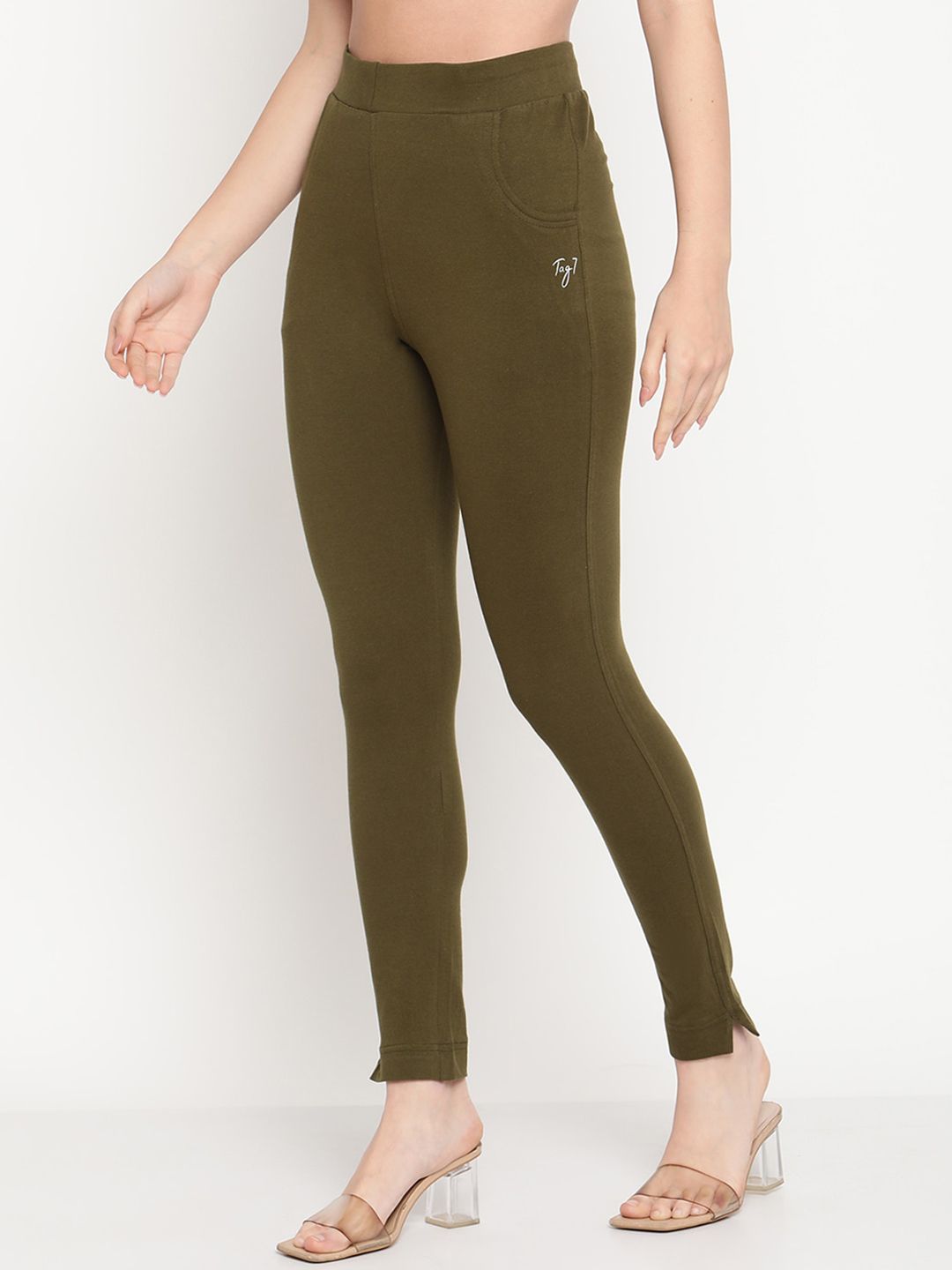 TAG 7 Women Olive Green Solid Ankle-Length Leggings