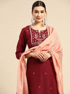 Sangria Women Red Ethnic Motifs Embroidered Pure Cotton Kurta with Trousers & With Dupatta