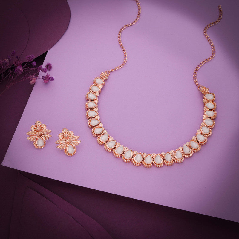 Tehzeeb Creationss Rose Gold Polish White Colour Necklace With Pair Of Earrings