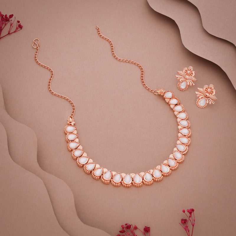 Tehzeeb Creationss Rose Gold Polish White Colour Necklace With Pair Of Earrings