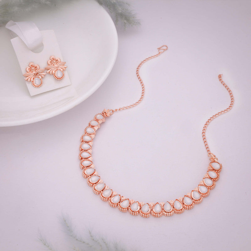 Tehzeeb Creationss Rose Gold Polish White Colour Necklace With Pair Of Earrings
